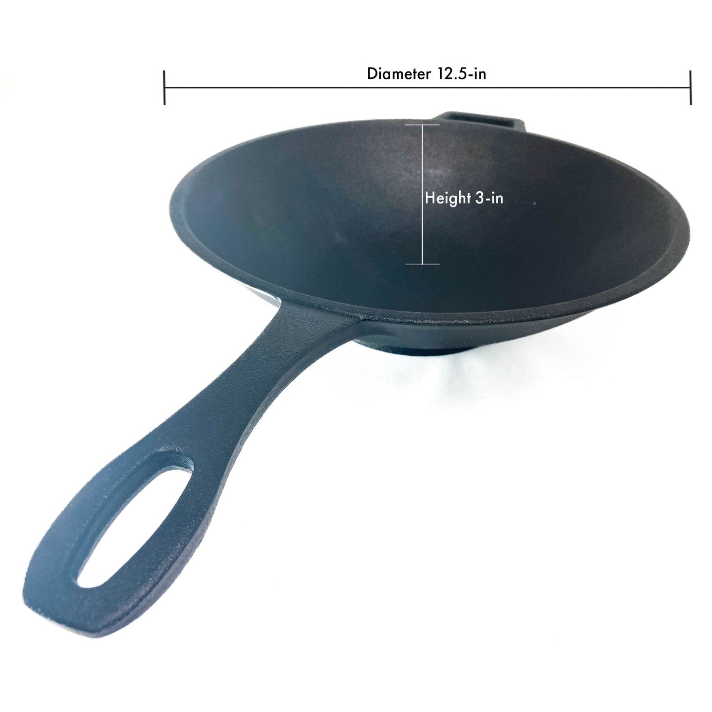Cast Iron Wok showing dimensions of 12.5-in diameter and 3-in height on a white background