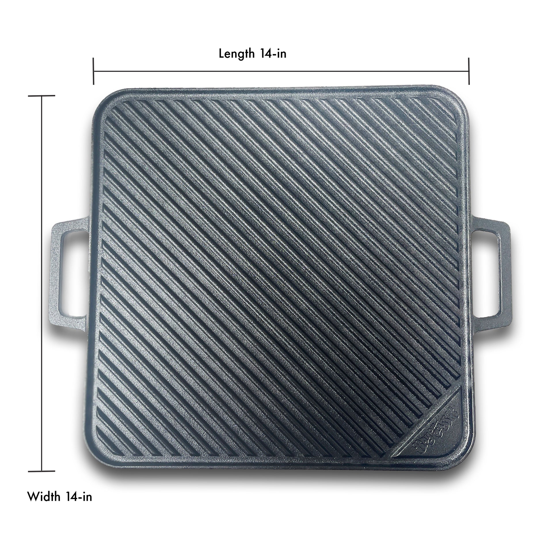 Square cast iron griddle showing dimensions of 14-in length and 14-in width on a white background
