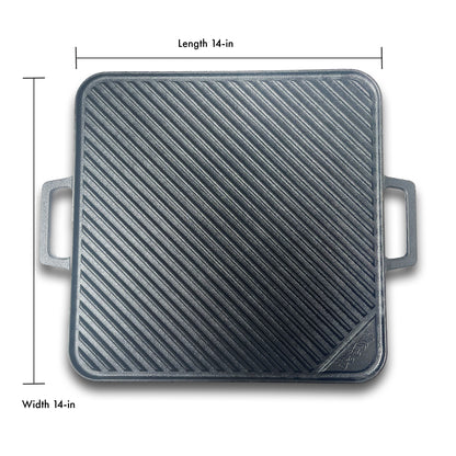 Square cast iron griddle showing dimensions of 14-in length and 14-in width on a white background