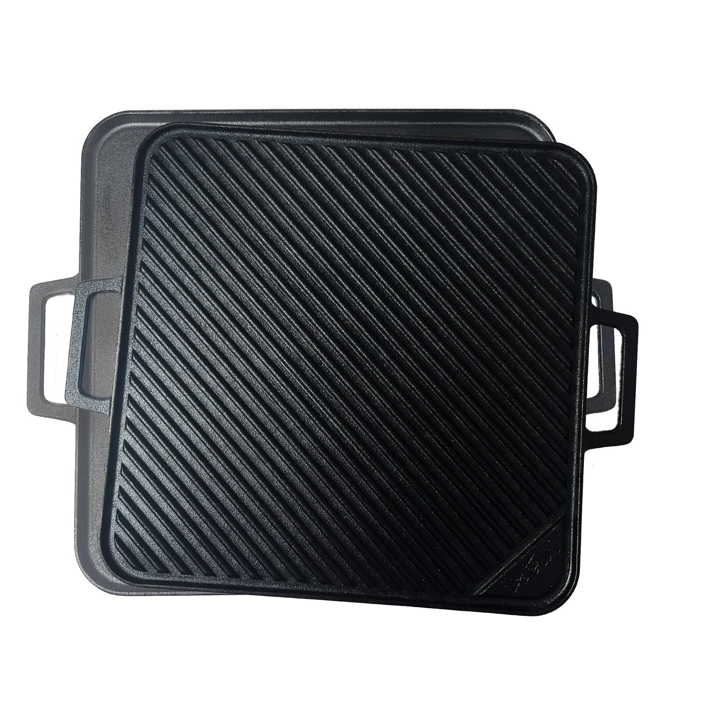 A 14-inch cast iron reversible square griddle with a flat surface and ribbed grilling surface on a white background.