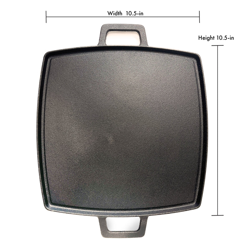 Square cast iron griddle on a white background.  Dimensions read 10.5-in width and 10.5-in length.