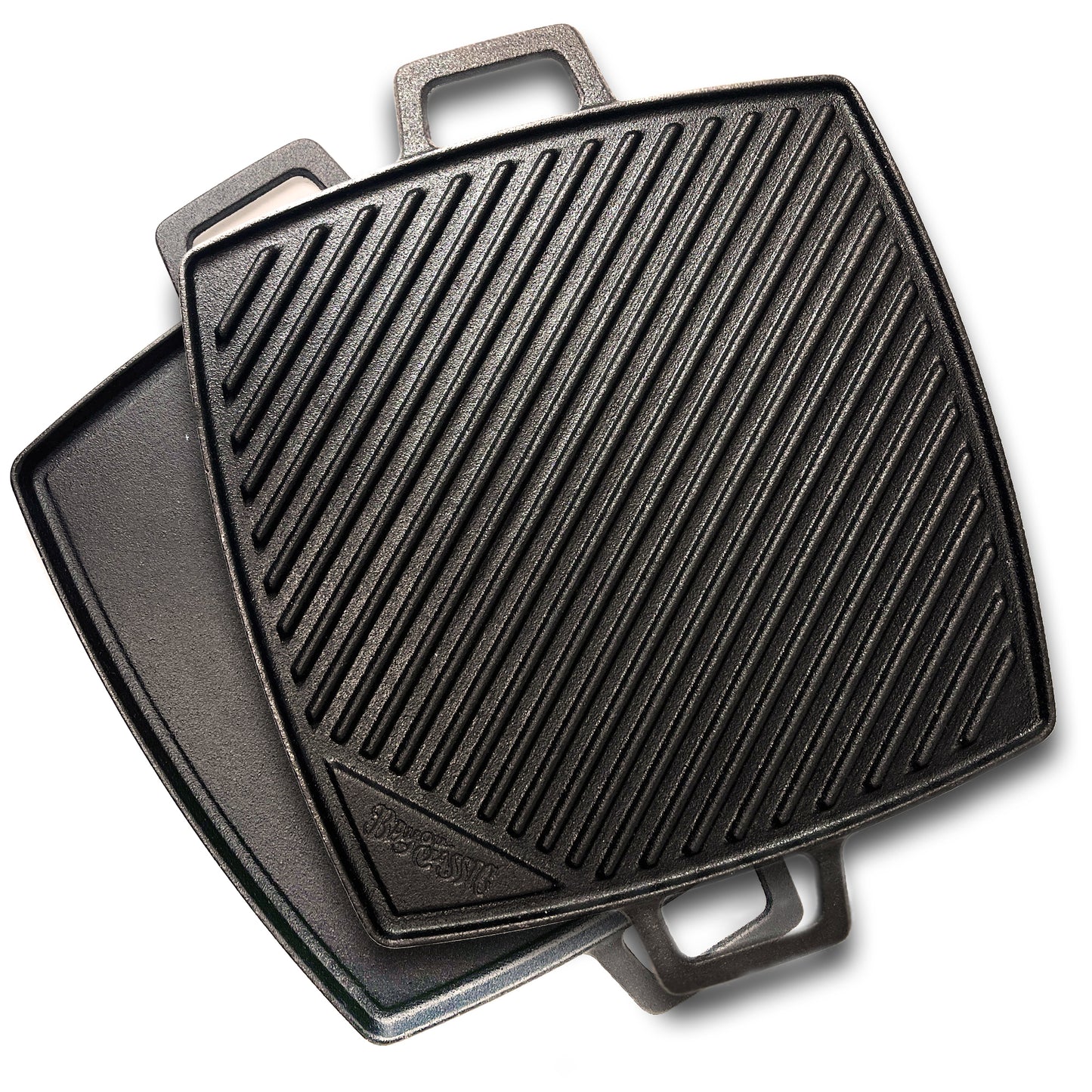 A 10.5-inch square cast iron reversible griddle with one side flat and the other ribbed on a white background.