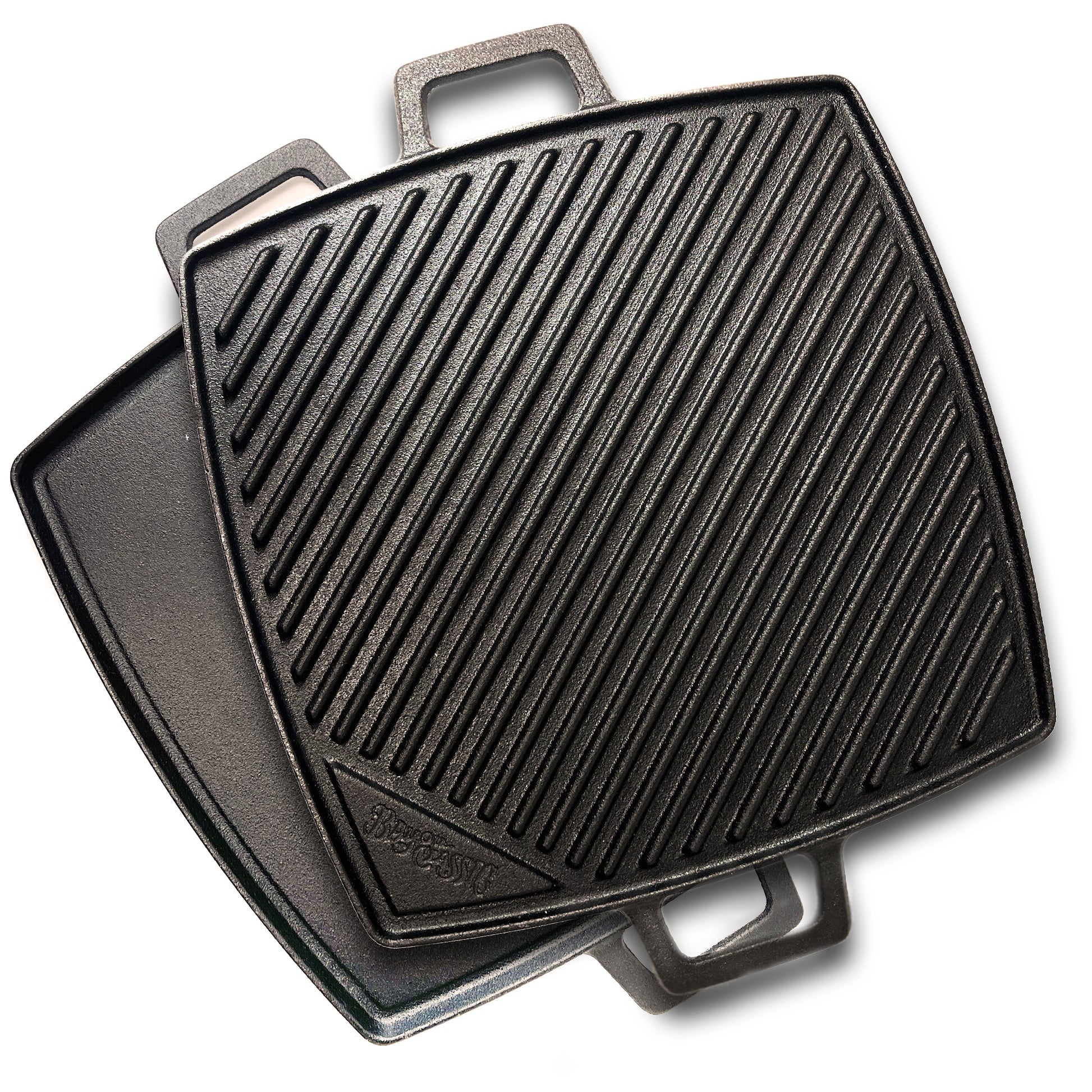 A 10.5-inch square cast iron reversible griddle with one side flat and the other ribbed on a white background.