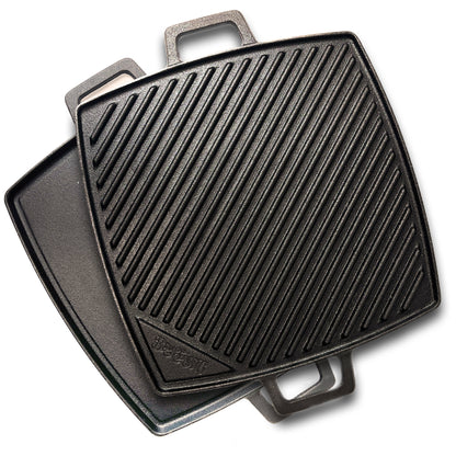A 10.5-inch square cast iron reversible griddle with one side flat and the other ribbed on a white background.