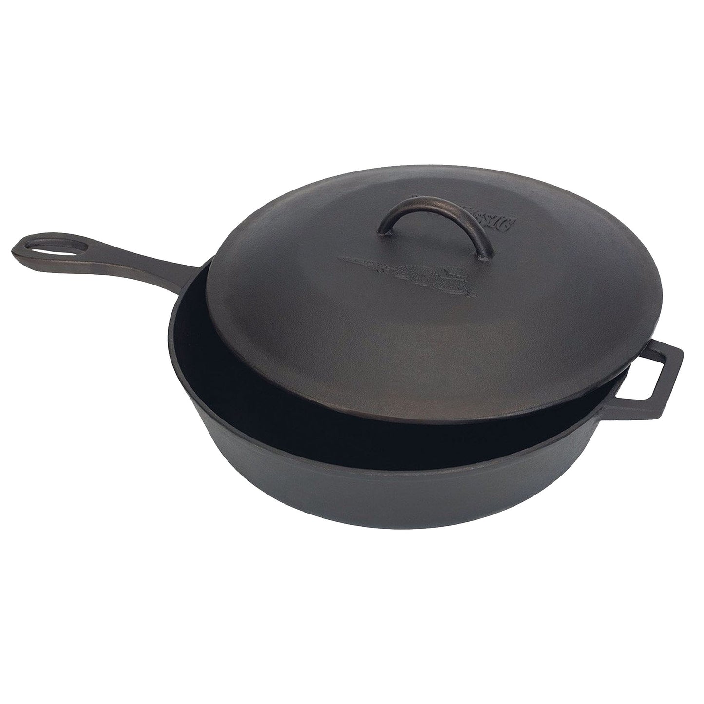 A black 5-qt cast iron covered skillet with a dome-shaped lid on a white background