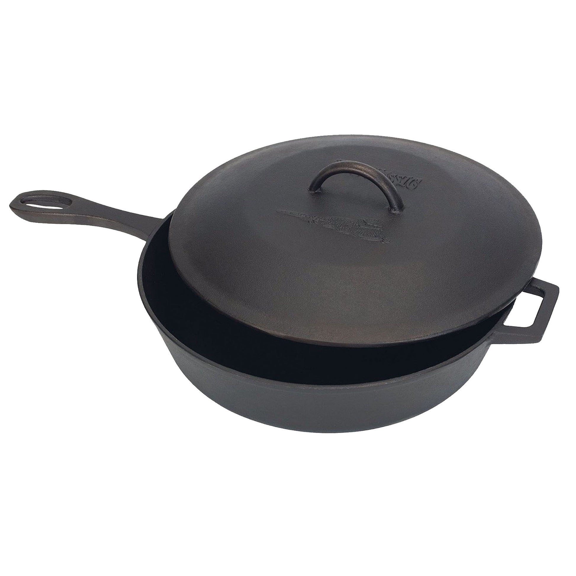 A black 5-qt cast iron covered skillet with a dome-shaped lid on a white background