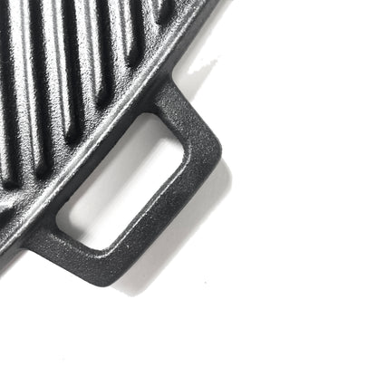 Close up of cast iron griddle handle on a white background