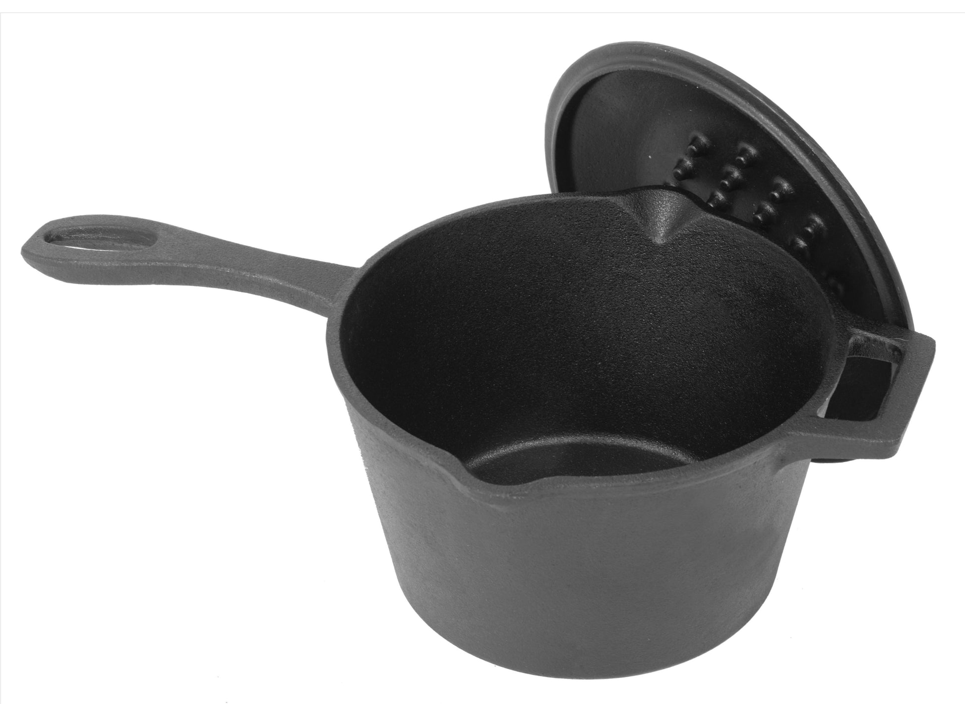 A black 2.5-qt cast iron pot with a lid on a white background.