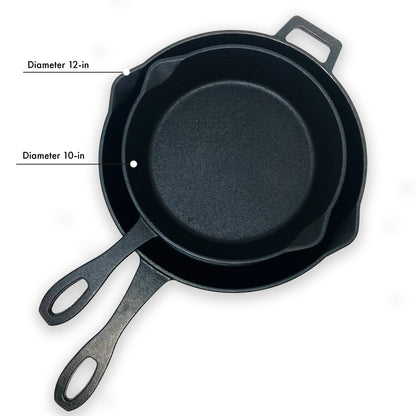 Two cast iron skillets on a white background.  Larger skillet is 12-in diameter and the smaller skillet is 10-in diameter