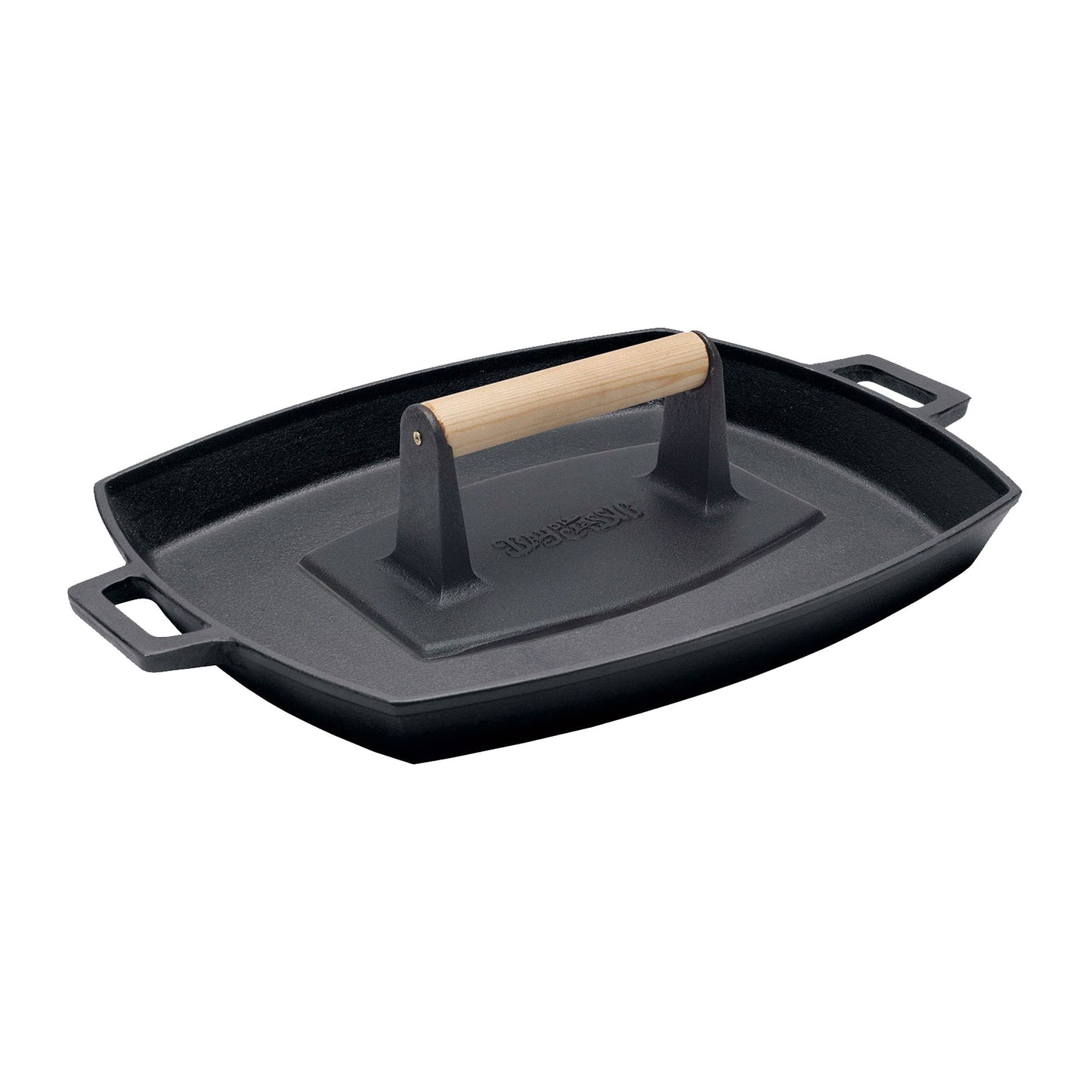 A black cast iron shallow pan with a wooden handle press sitting in the center on a white background.