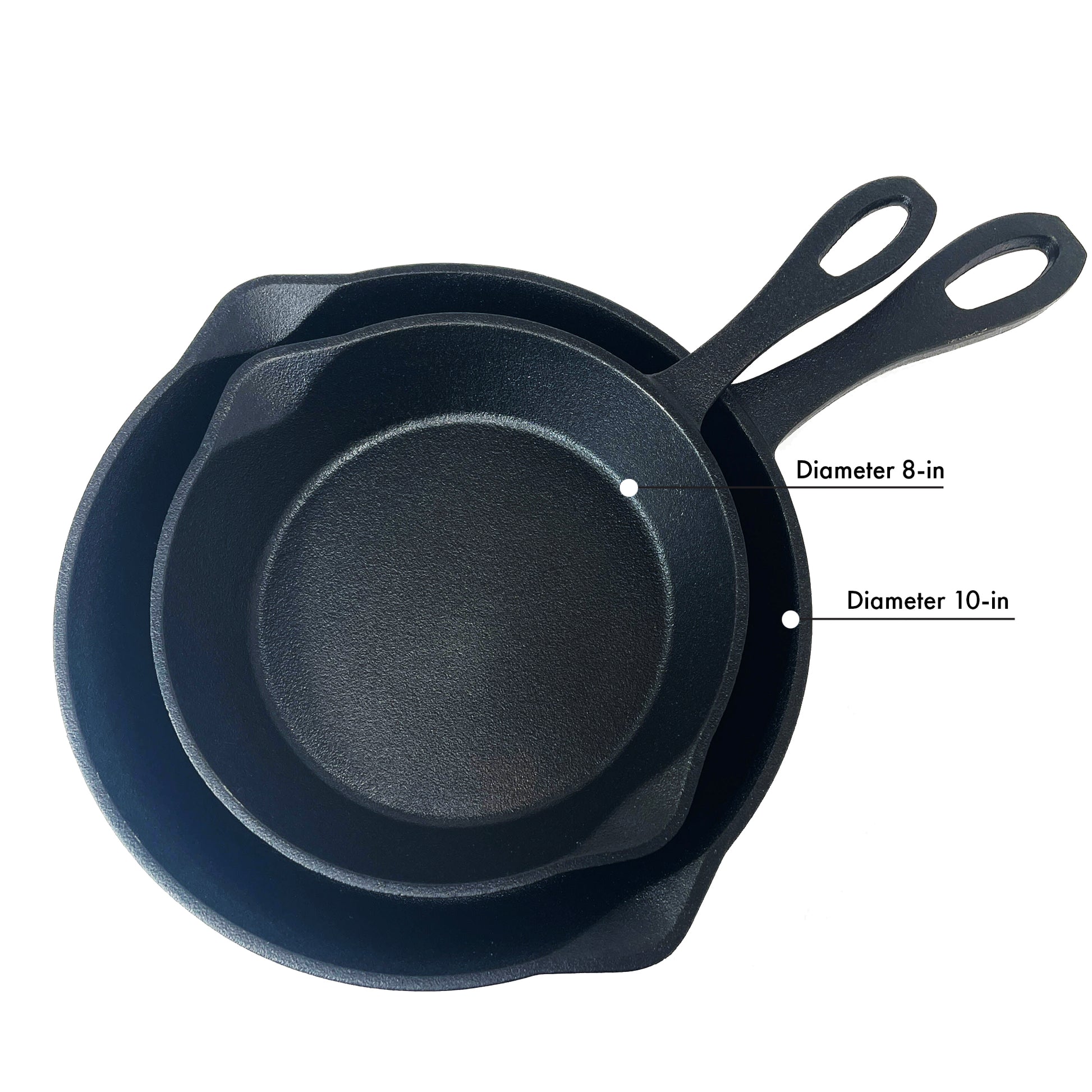 Two cast iron skillets on a white background. Larger skillet shows dimensions of 10-in diameter. Smaller skillet shows dimensions of 8-in diameter.
