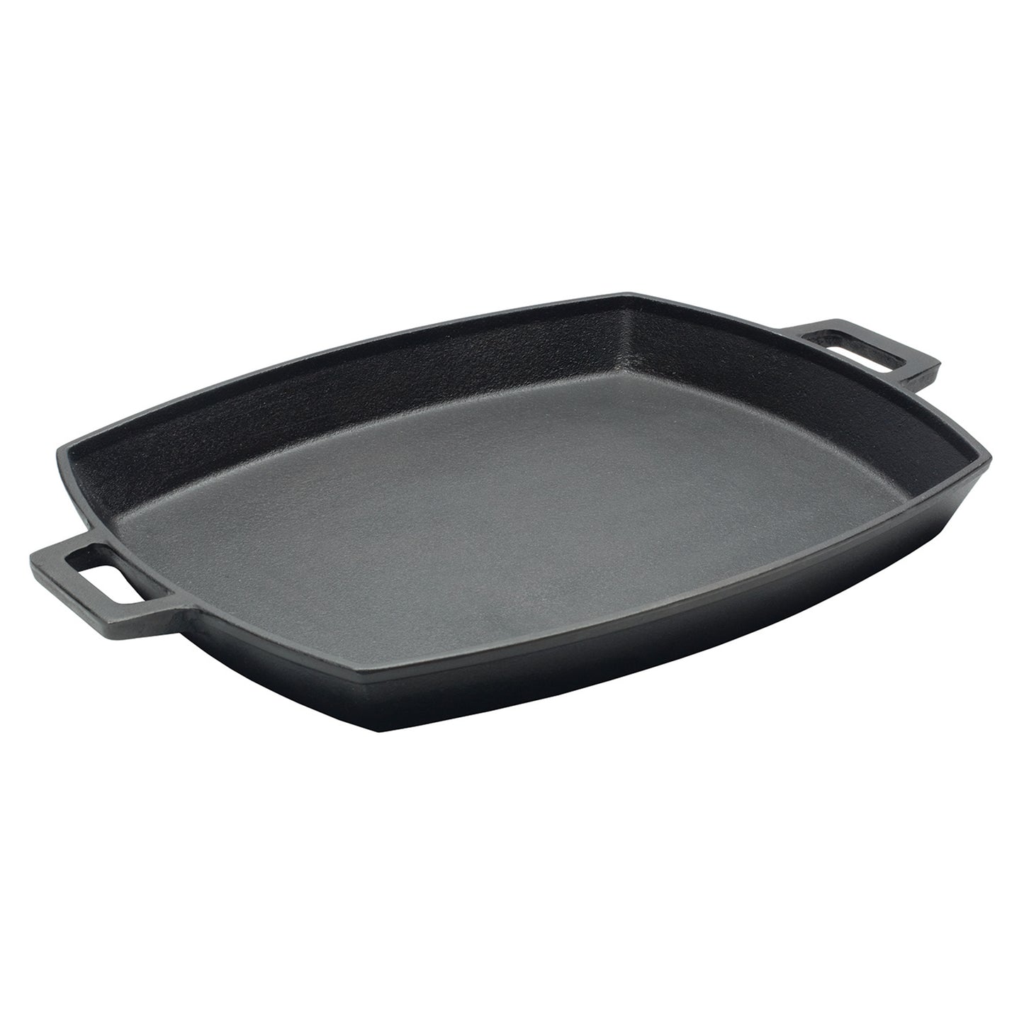 A shallow cast iron pan with two side handles on a white background.
