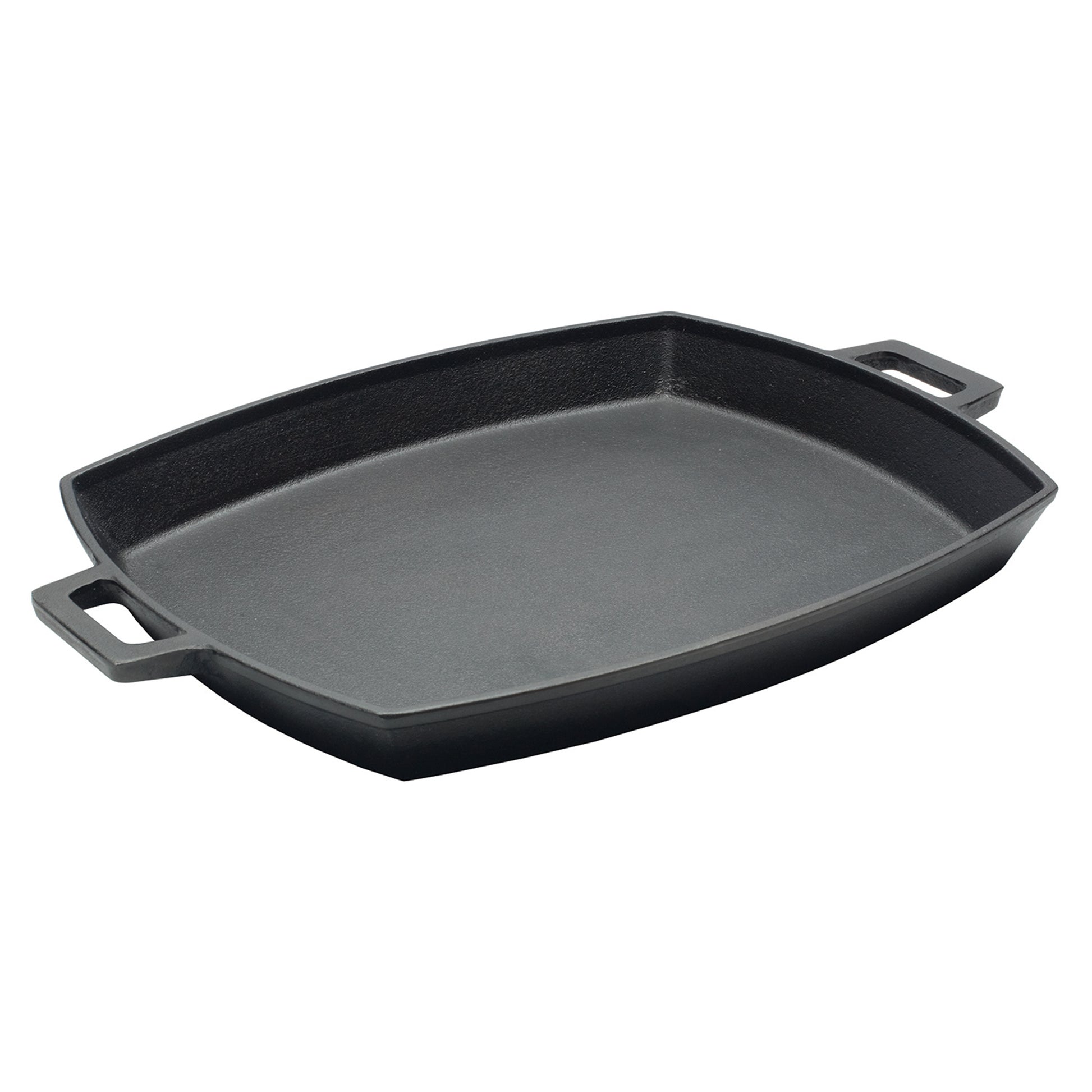 A shallow cast iron pan with two side handles on a white background.