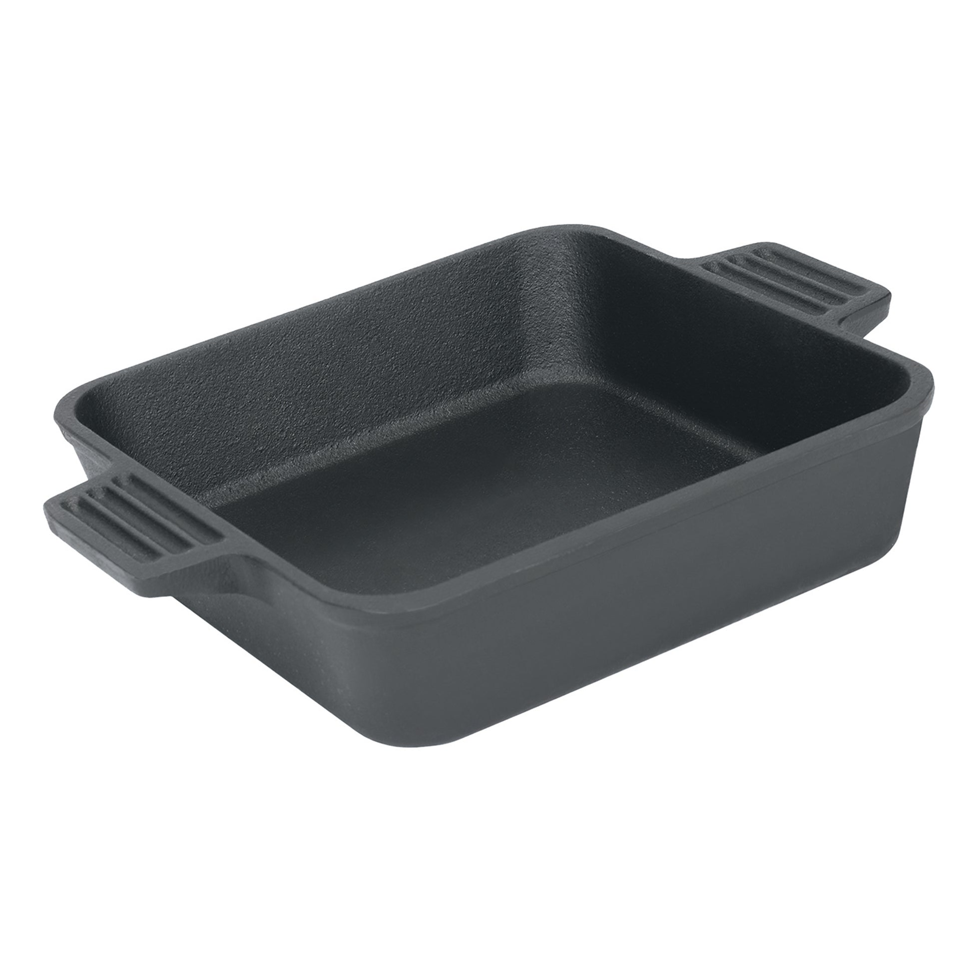 An 8-inch square black cast iron cake pan with side handles on a white background