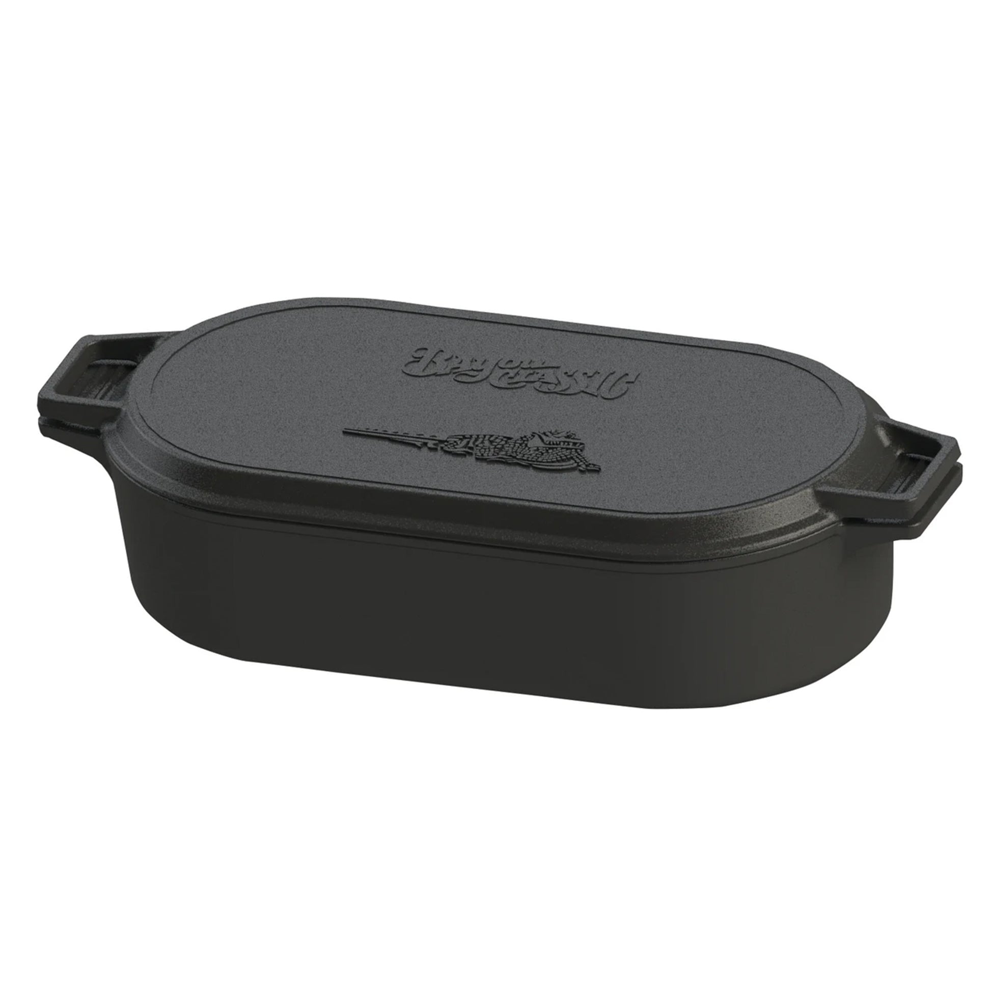 6-qt cast iron oval fryer with a closed griddle lid on a white background