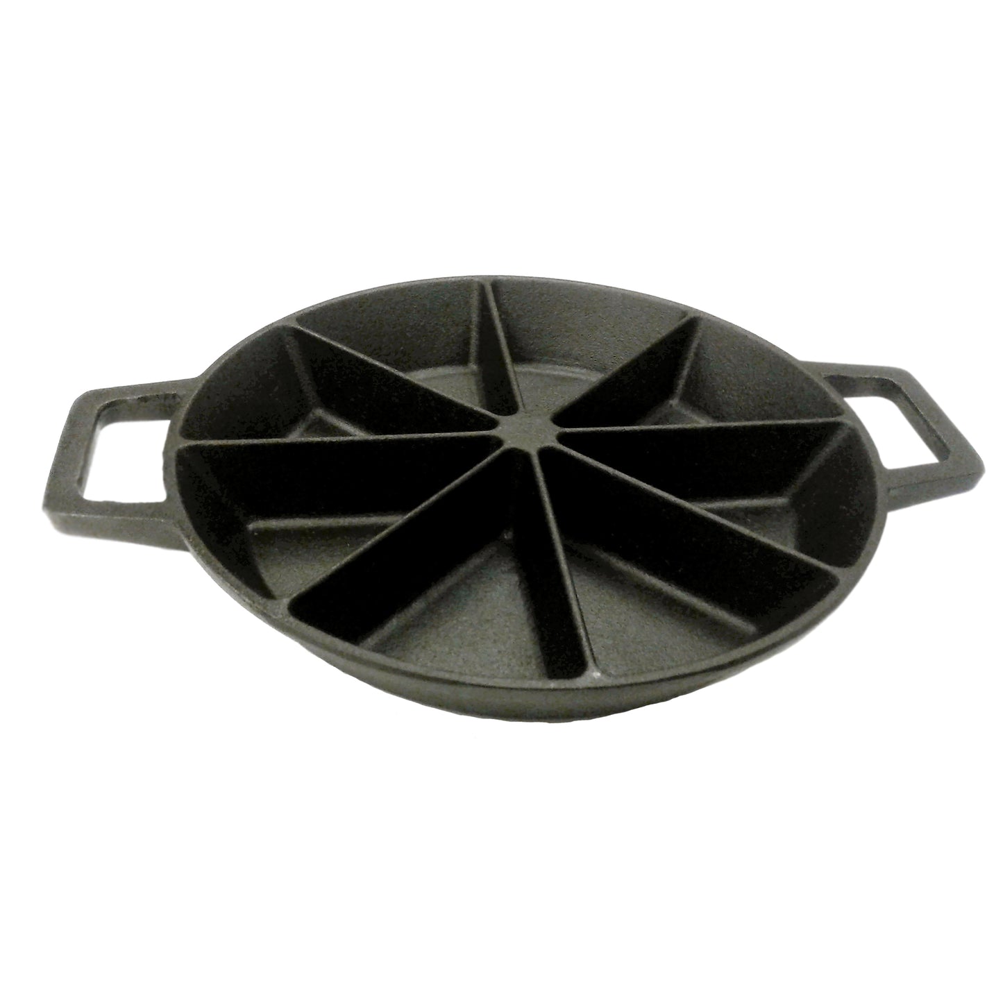 A black cast iron wedge cornbread skillet with side loop handles on a white background