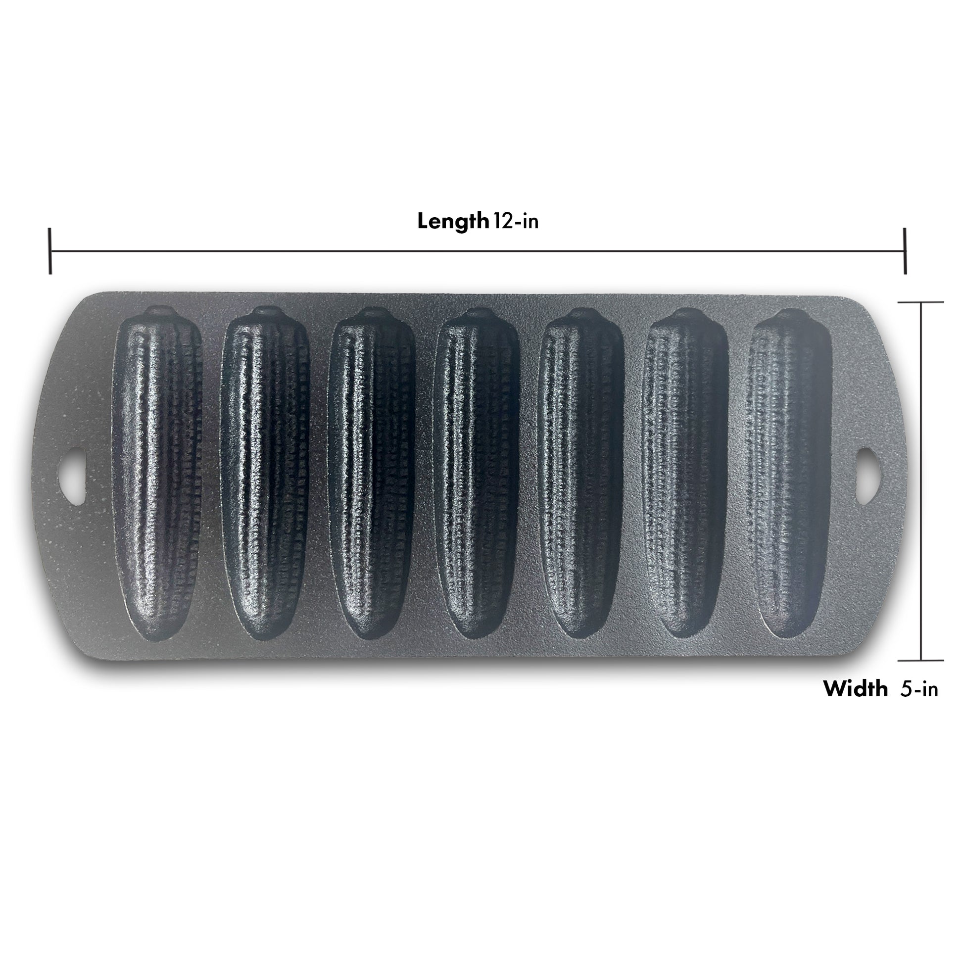 Cast iron cornbread skillet on a white background. Dimensions show 12-in length and 5-in width.