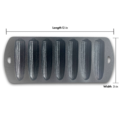 Cast iron cornbread skillet on a white background. Dimensions show 12-in length and 5-in width.