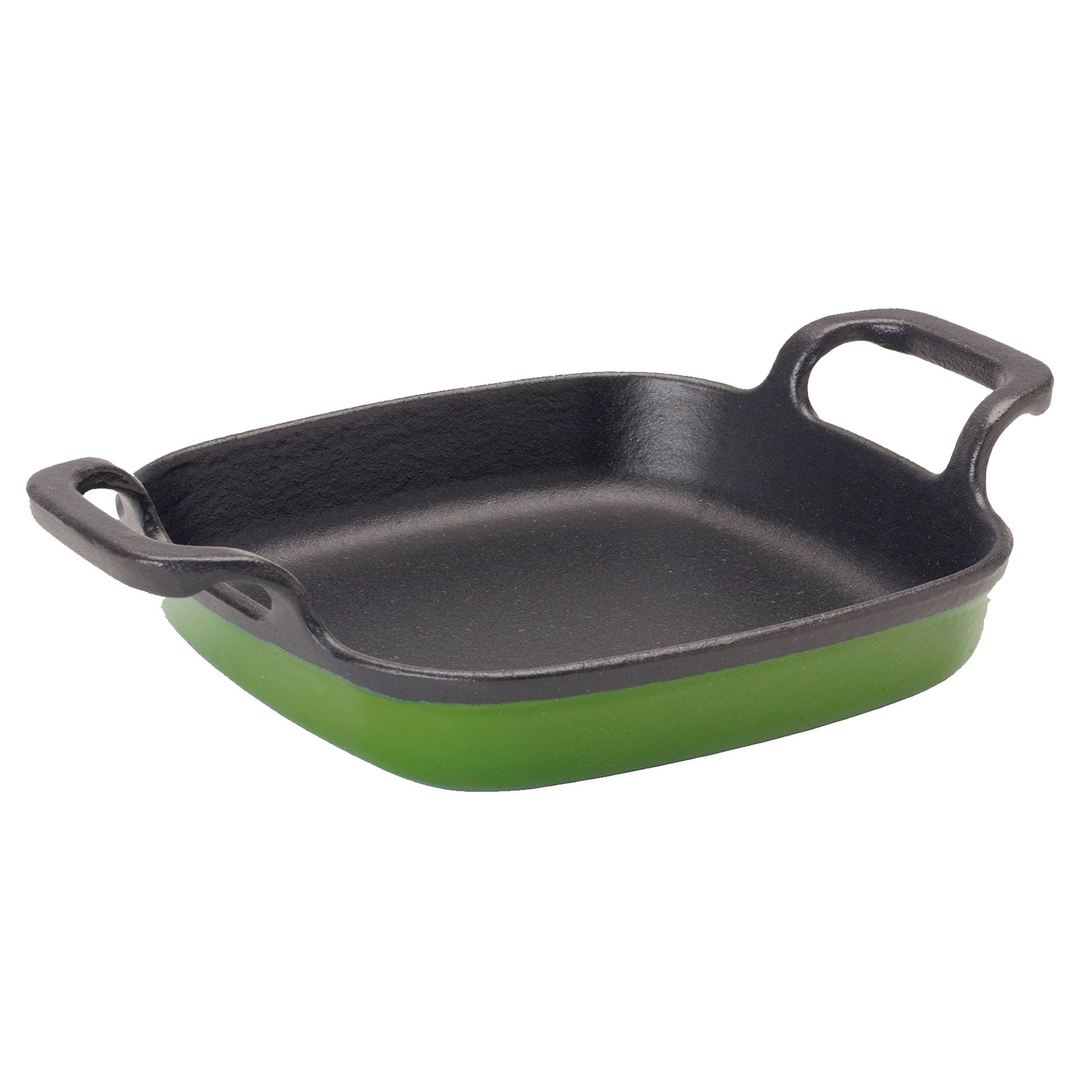 Green enameled cast iron small baking dish with black interior and large side loop handles on a white background