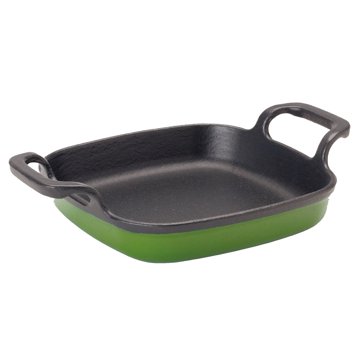 Enameled cast iron baking dish with cypress green exterior and black interior, featuring large loop handles on the sides.
