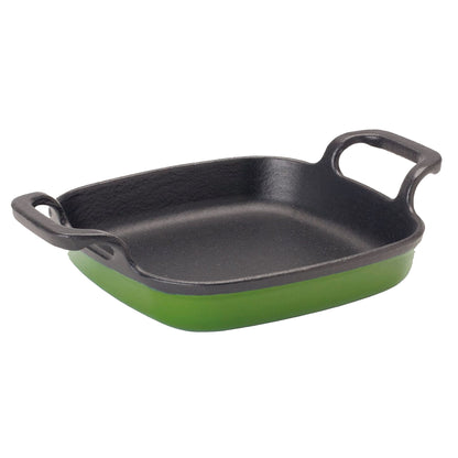 Enameled cast iron baking dish with cypress green exterior and black interior, featuring large loop handles on the sides.