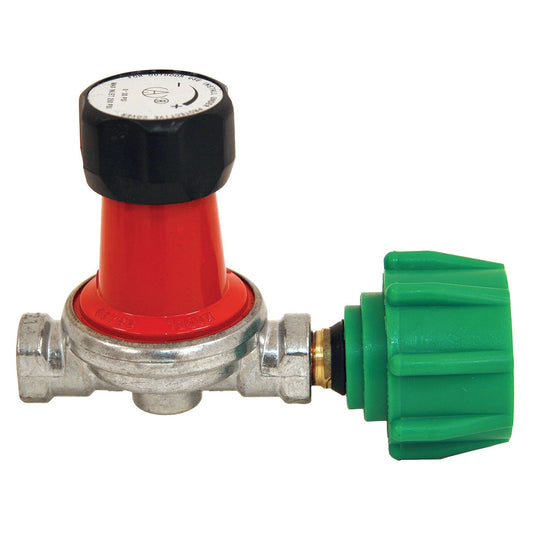 An adjustable high pressure regulator with a red body, silver metallic parts, and green knob on a white background