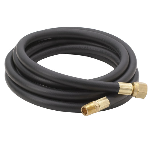 A coiled black high pressure LPG hose with brass swivel connectors on a white background.