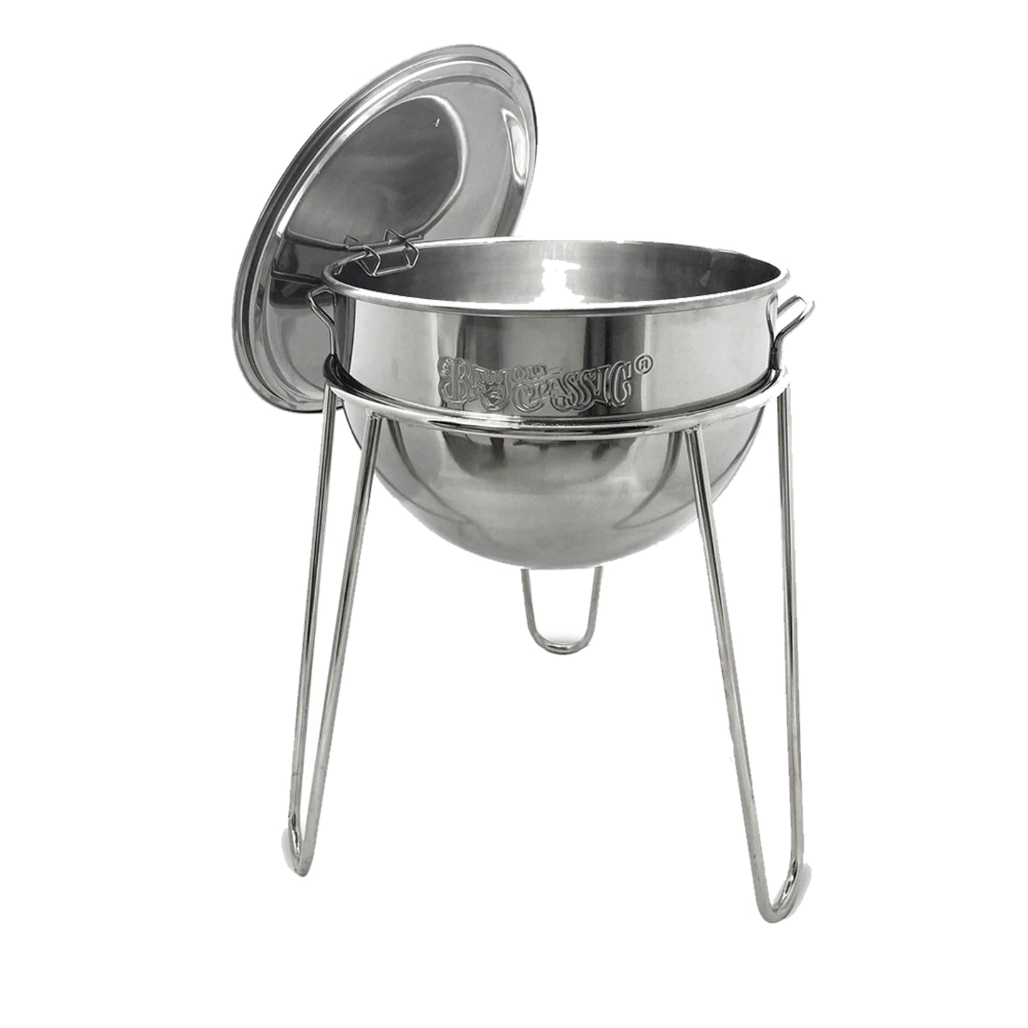 A stainless kettle with a vented lid on a welded stainless stand on a white background