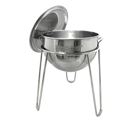 A stainless kettle with a vented lid on a welded stainless stand on a white background