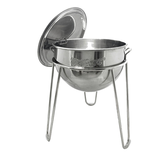 A stainless kettle with a vented lid on a welded stainless stand on a white background