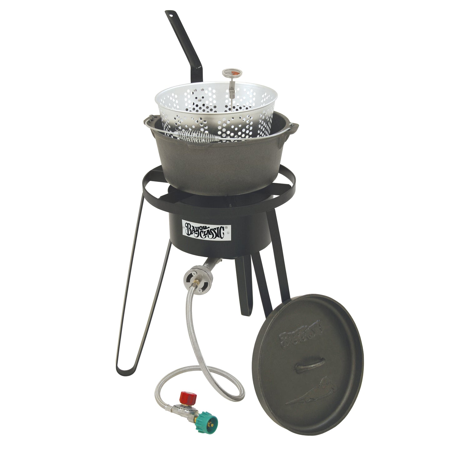 Tall black steel cooker with a cast iron pot, perforated basket, thermometer, and lid on a white background