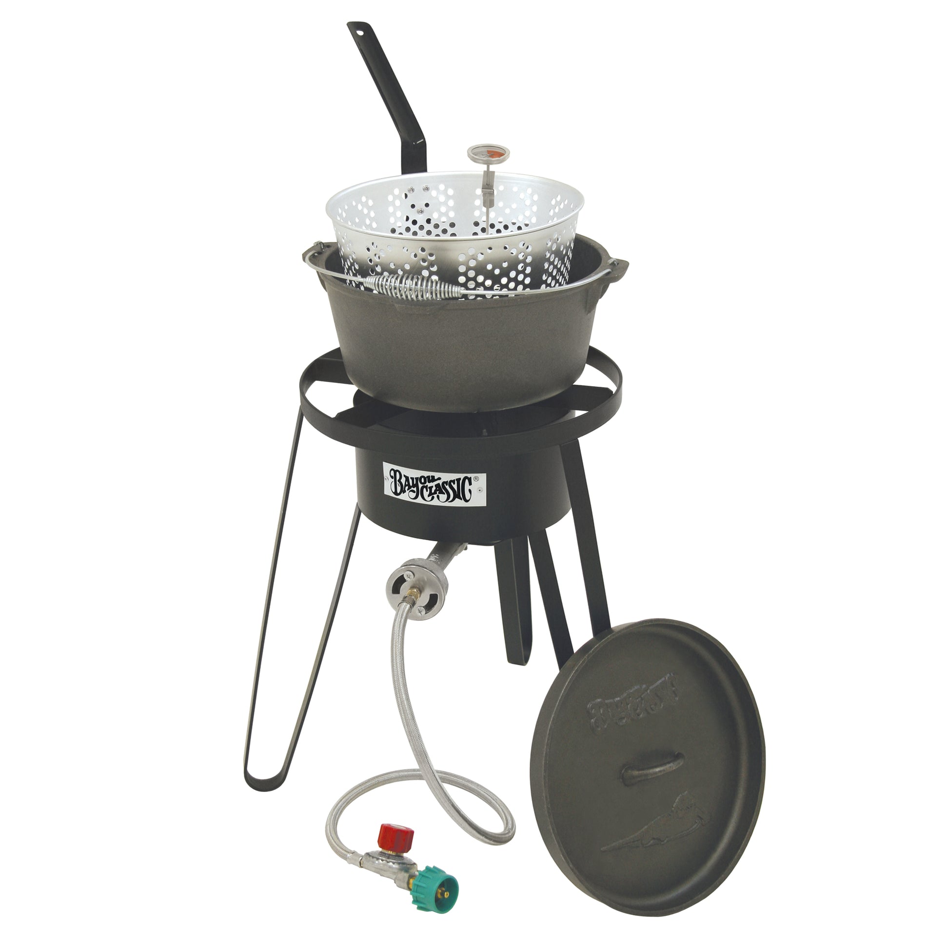 Tall black steel cooker with a cast iron pot, perforated basket, thermometer, and lid on a white background
