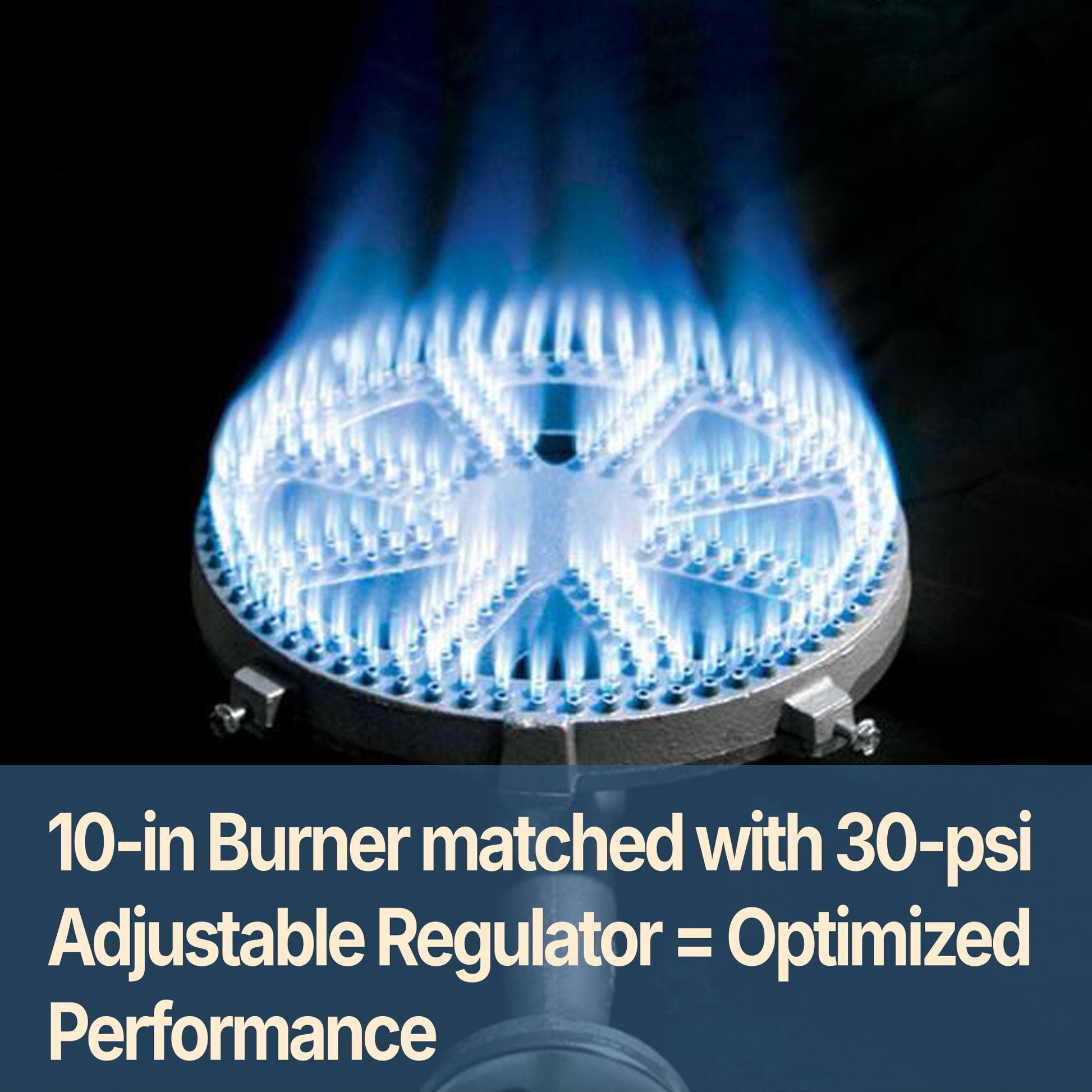 BG14 burner with blue flame and text that reads 10-in burner matched with 30-psi adjustable regulator = optimized performance