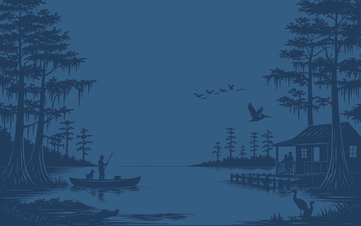 Blue-toned illustration of a man in a canoe near a cabin with trees and birds in the background.