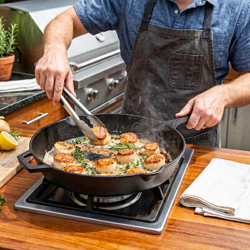Person cooking in a kitchen with a pan on a stove, surrounded by ingredients and utensils.