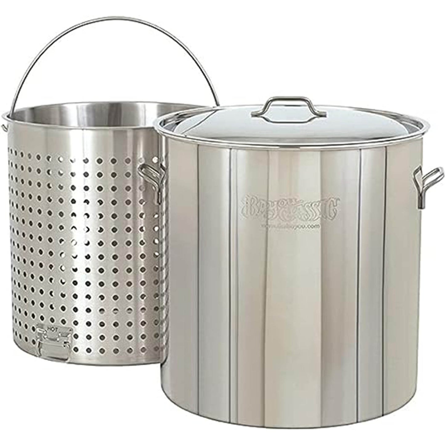 A stainless steel stockpot with a basket and a locking helper handle, designed for cooking seafood and/ or crawfish on a white background.
