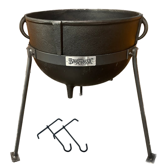 15-gal Cast Iron Kettle on Stand with lift hooks on a white background