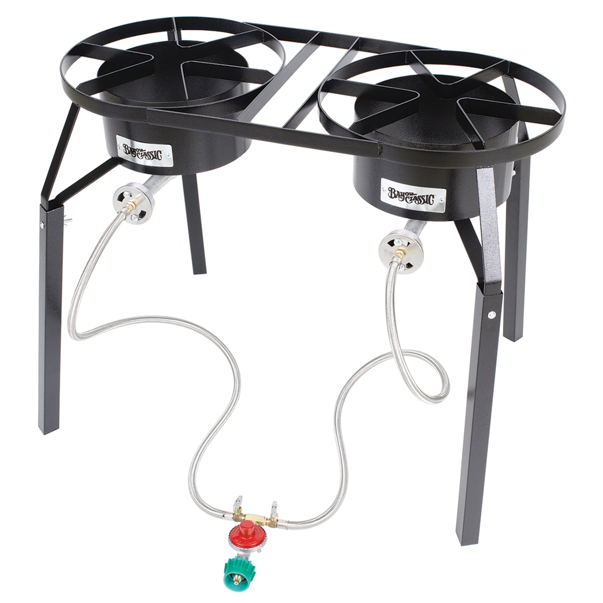 A dual burner high pressure cooker with two cast aluminum burners, stainless steel braided LPG hoses, and a black welded steel frame on a white background.