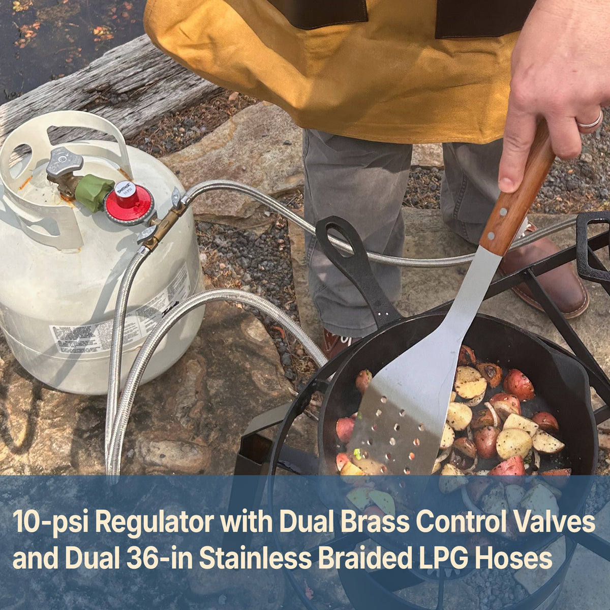 Dual Outdoor Cooker outside with text that reads 10-psi regulator with dual brass control valves and dual 36-in stainless braided LPG hoses