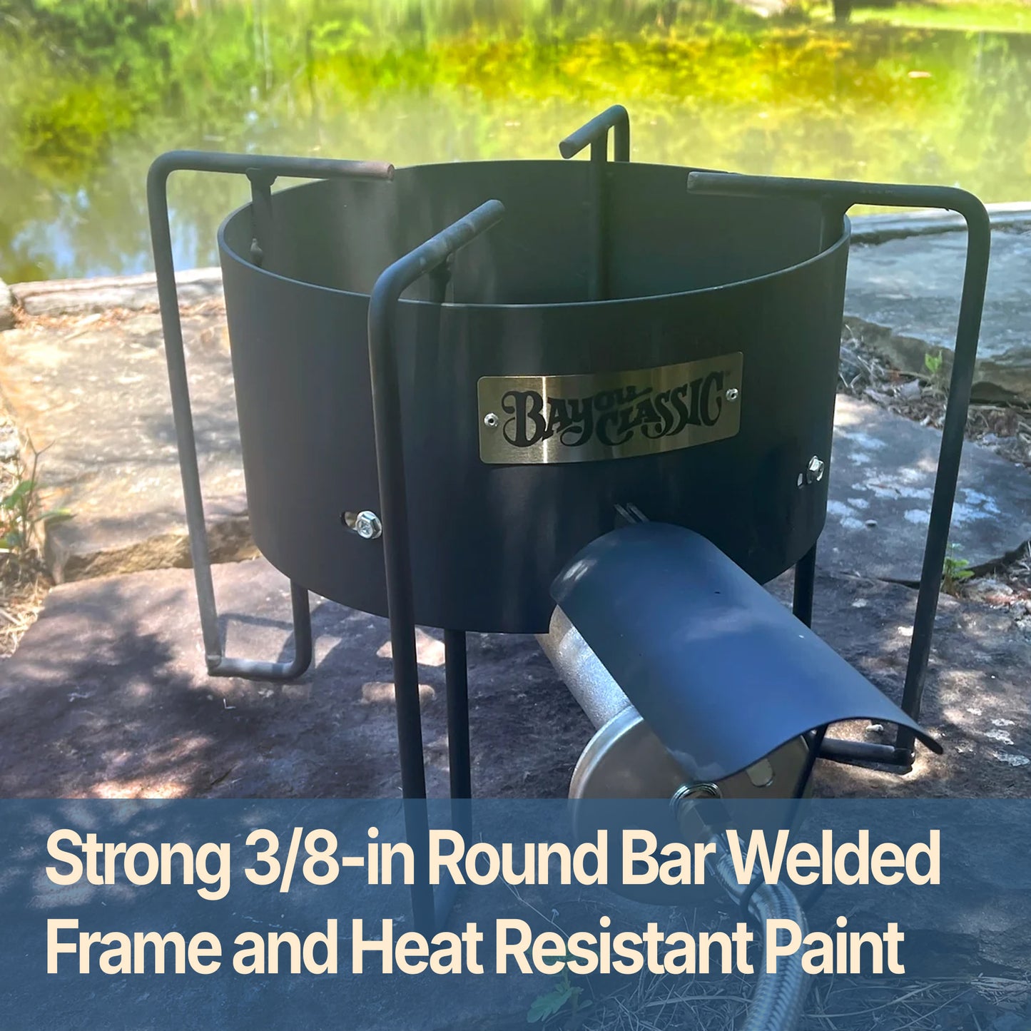 KAB4 outdoor cooker sitting outside with text that reads strong 3/8-in round bar welded frame and heat resistant paint