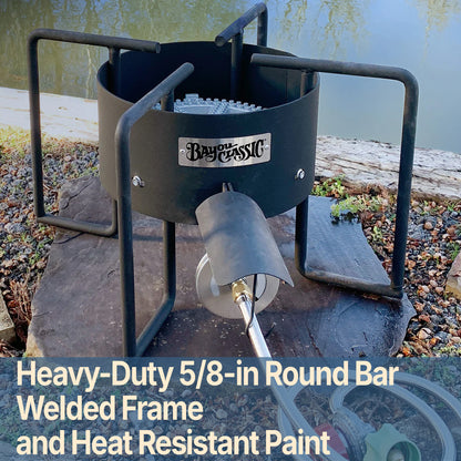 KAB6 cooker outside with text that reads heavy-duty 5/8-in round bar welded frame and heat resistant paint