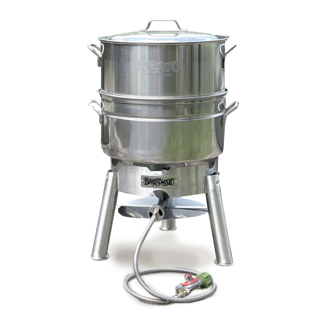 Stainless Steamer on a Stainless Outdoor Cooker on a white background