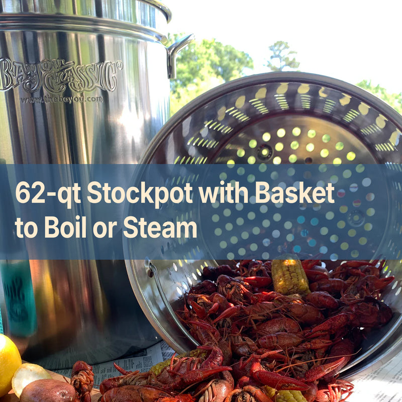 62-qt Stainless Stockpot with crawfish spilling out of a basket on a table 