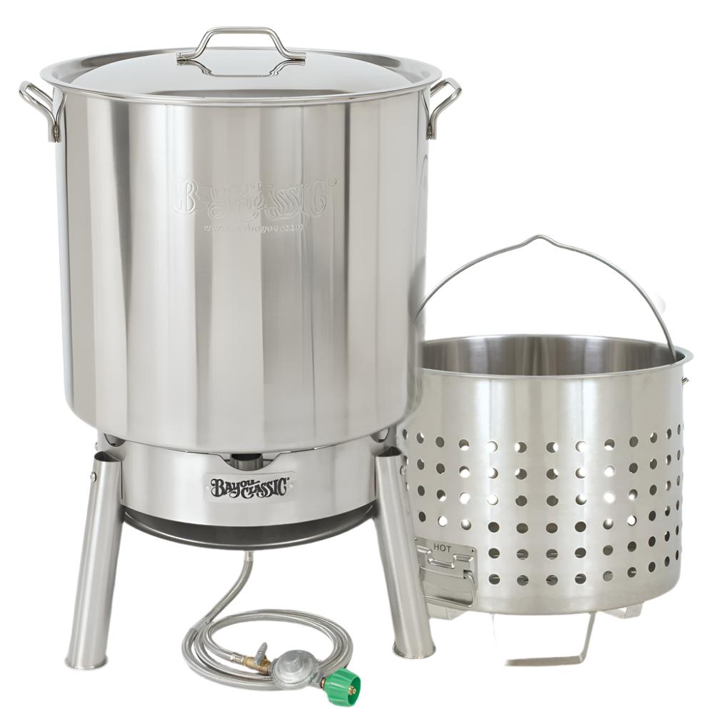 82-qt Stainless Bayou Steam and Boil Cooker Kit including a stainless steel stockpot, elevated steam and boil basket, and a single jet burner with hose.