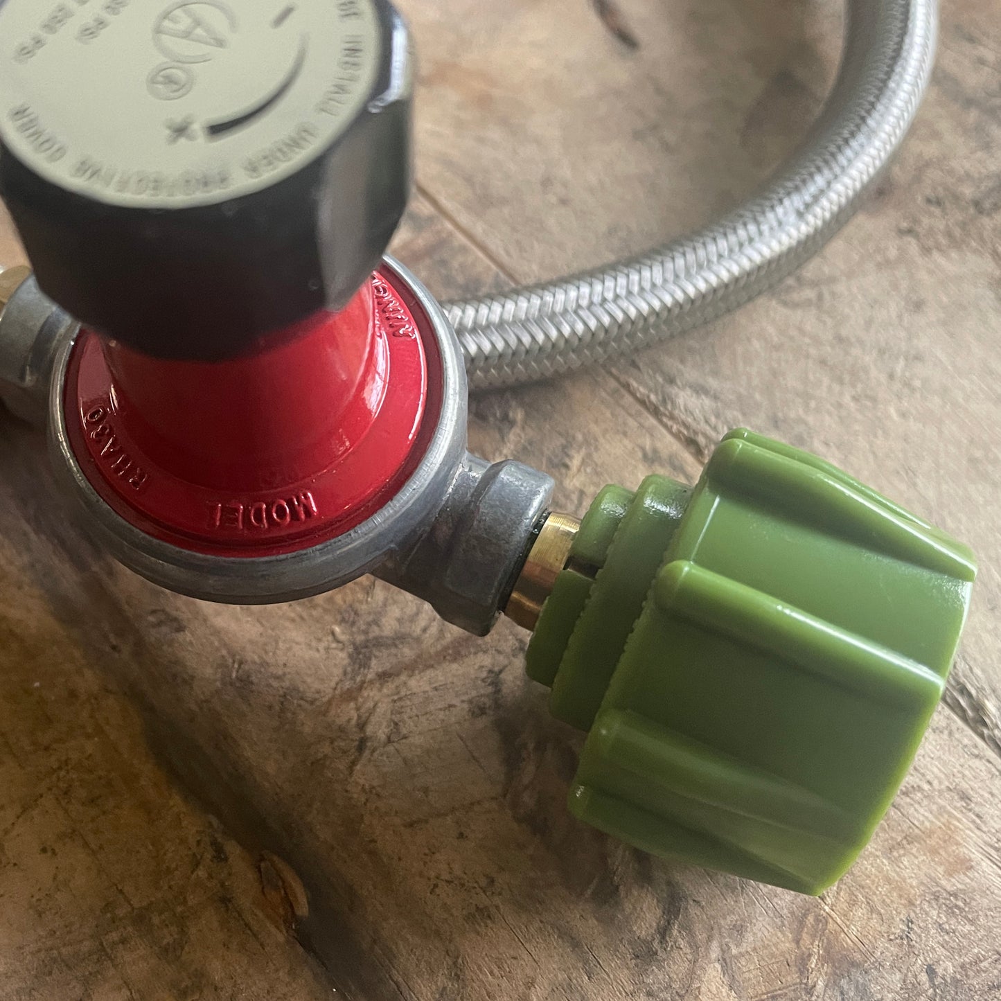 Close up of 30-psi Regulator with Stainless Braided Hose