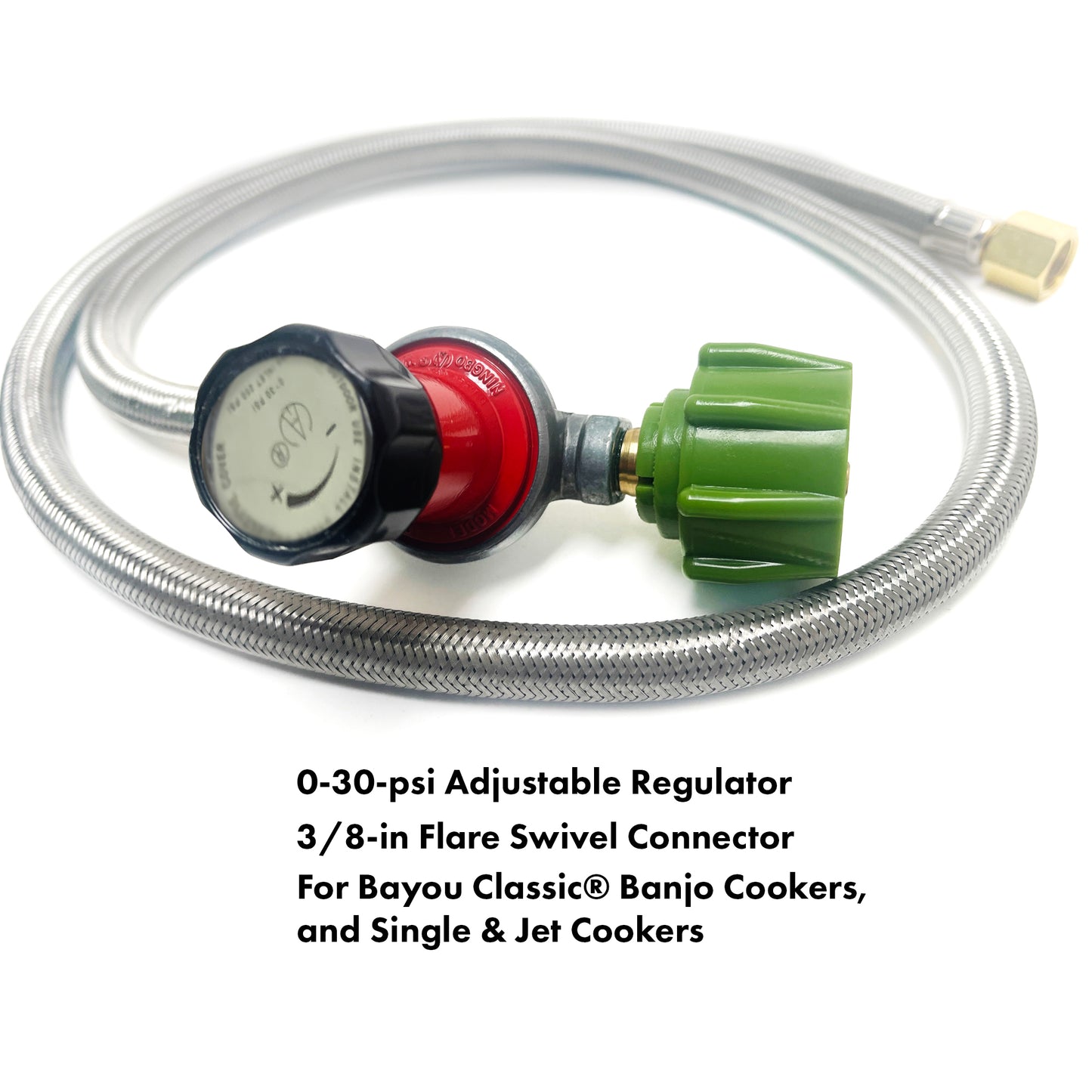 30-psi Hose and Regulator on a white background with features that read 0-30-psi adjustable regulator, 3/8-in flare swivel connector, for Bayou Classic Banjo Cookers and Jet Cookers
