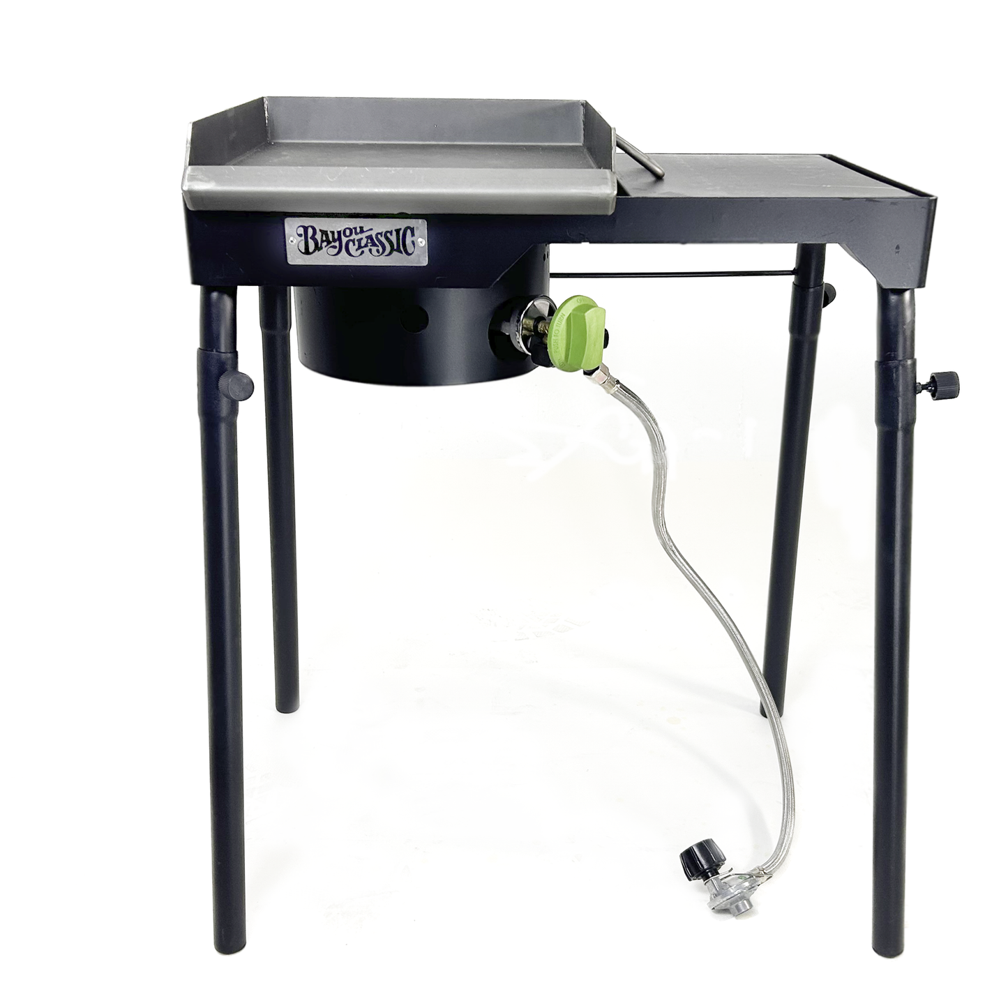 Portable camping outdoor cooker with a black base and steel griddle top on a white background