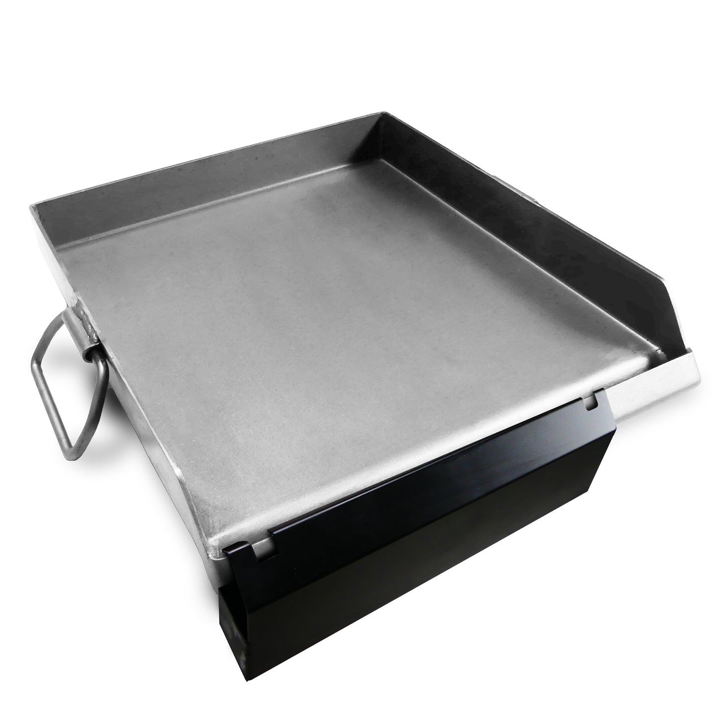 A steel griddle with grease trap and handles on a white background