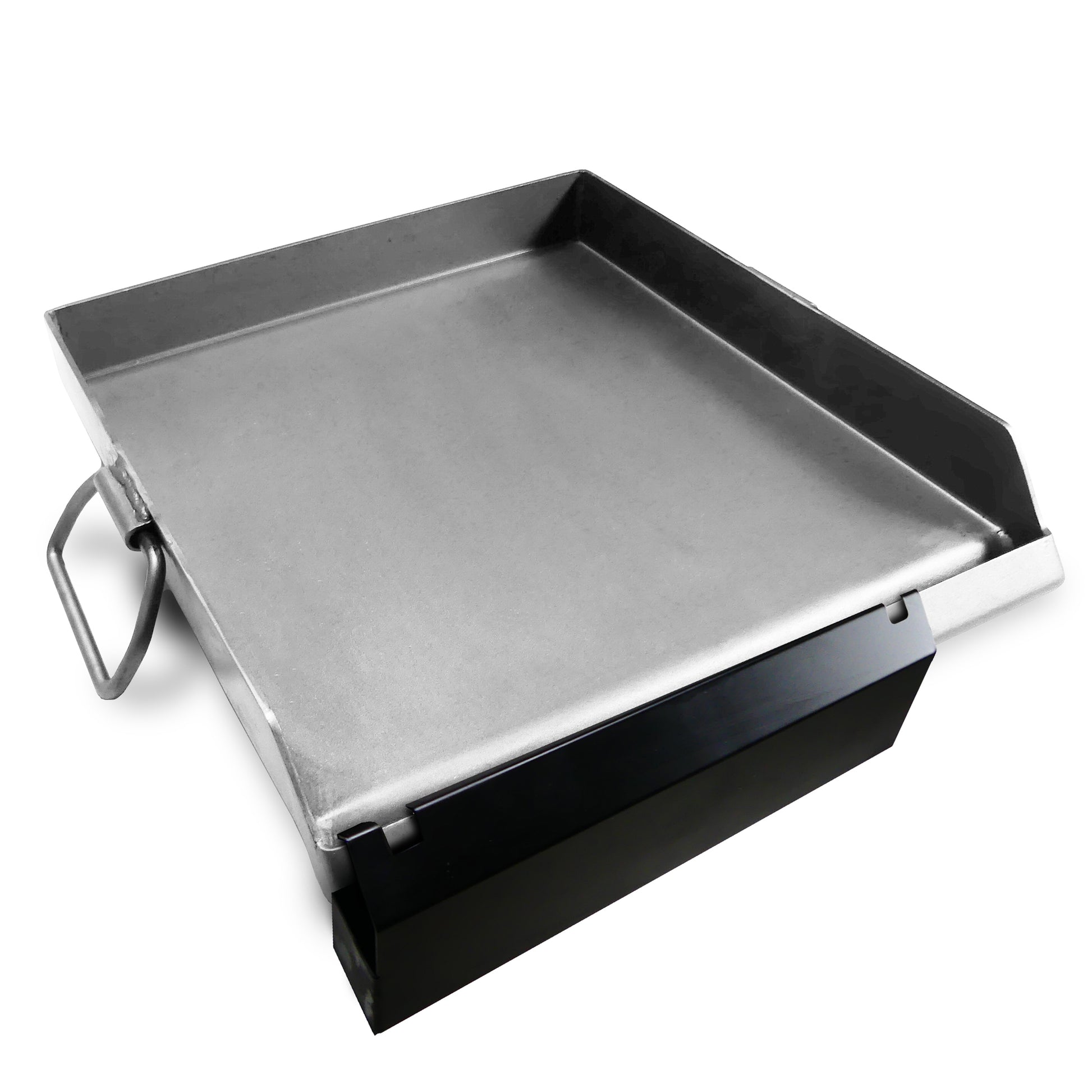 A steel griddle with grease trap and handles on a white background