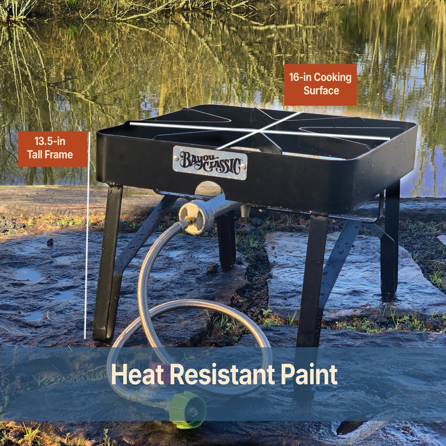 Black steel patio stove in an outdoor setting with copy that reads heat resistant paint, 16-in cooking surface, and 13.5-in tall frame